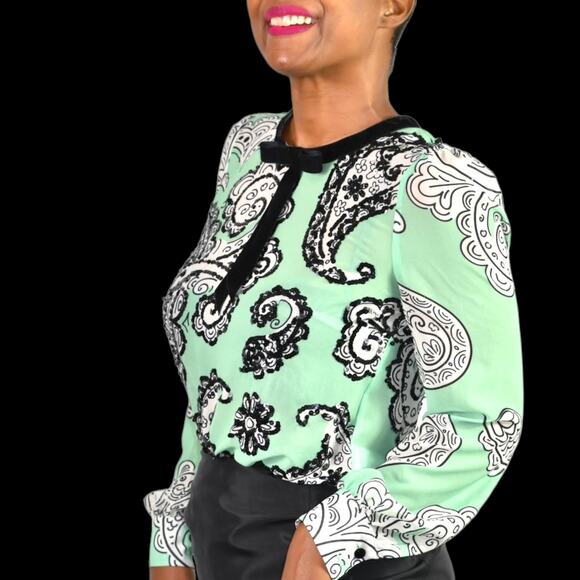 Manoush Chiffon Blouse Green Sequins Top Sheer Pastel Paisley Black Bow Size 4 - Picture 6 of 14